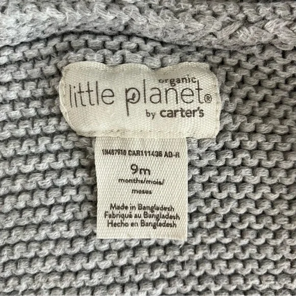 EUC Little Planet by Carter's Baby Organic Signature Stitch Cardigan Grey 9M - Picture 10 of 11